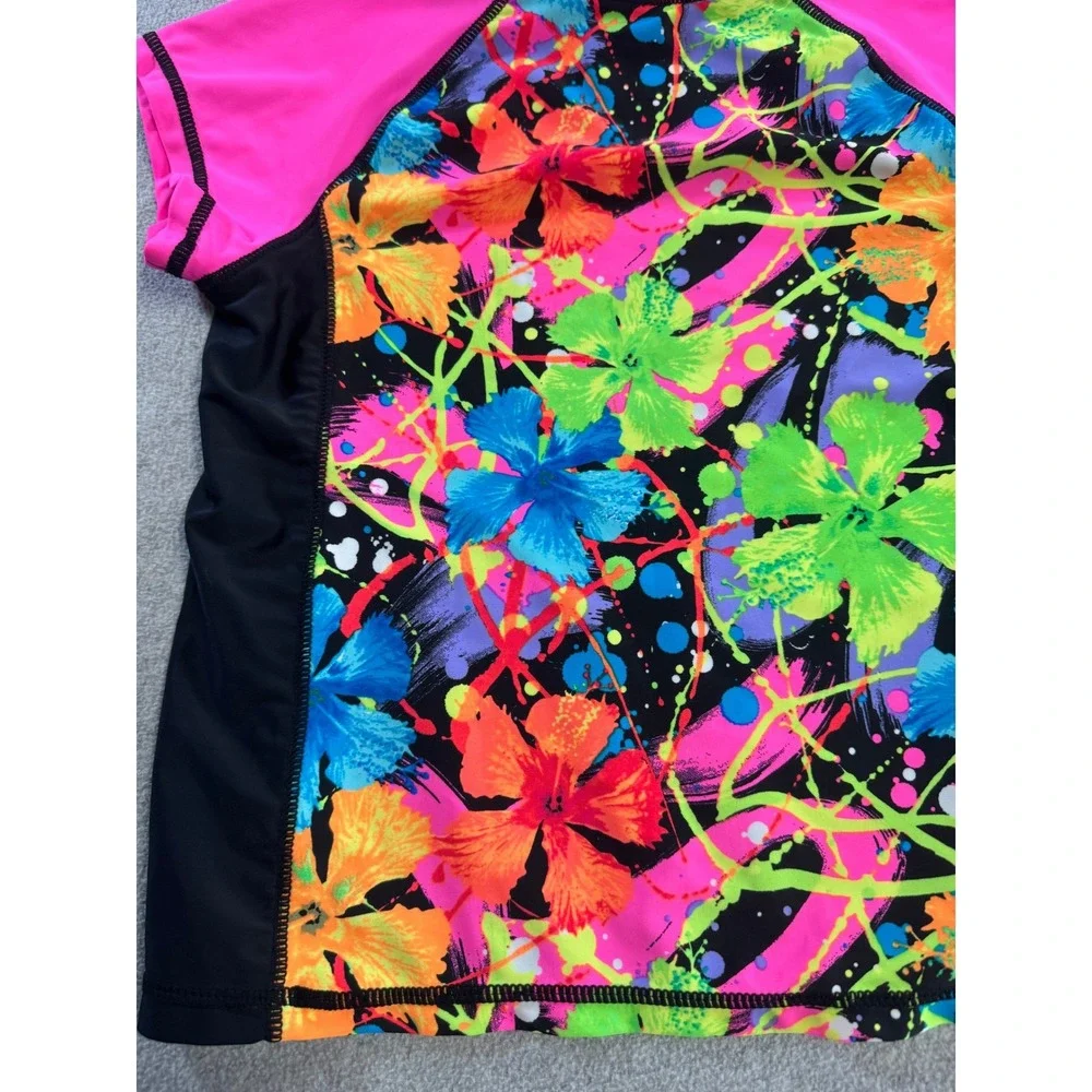 Breaking Waves Rash Guard Girls 14 Multicolor Neon Floral Splatter Beachwear